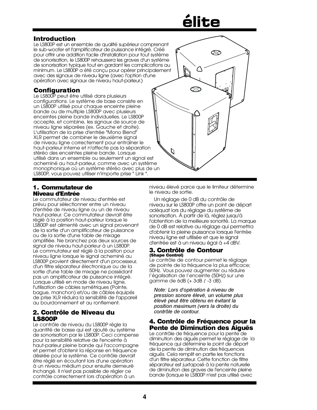 Yorkville Sound owner manual Contrôle de Niveau du LS800P, Contrôle de Contour 