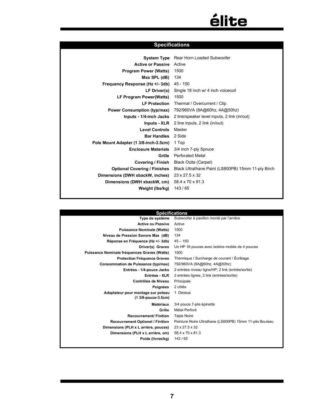 Yorkville Sound LS800P owner manual Specifications 