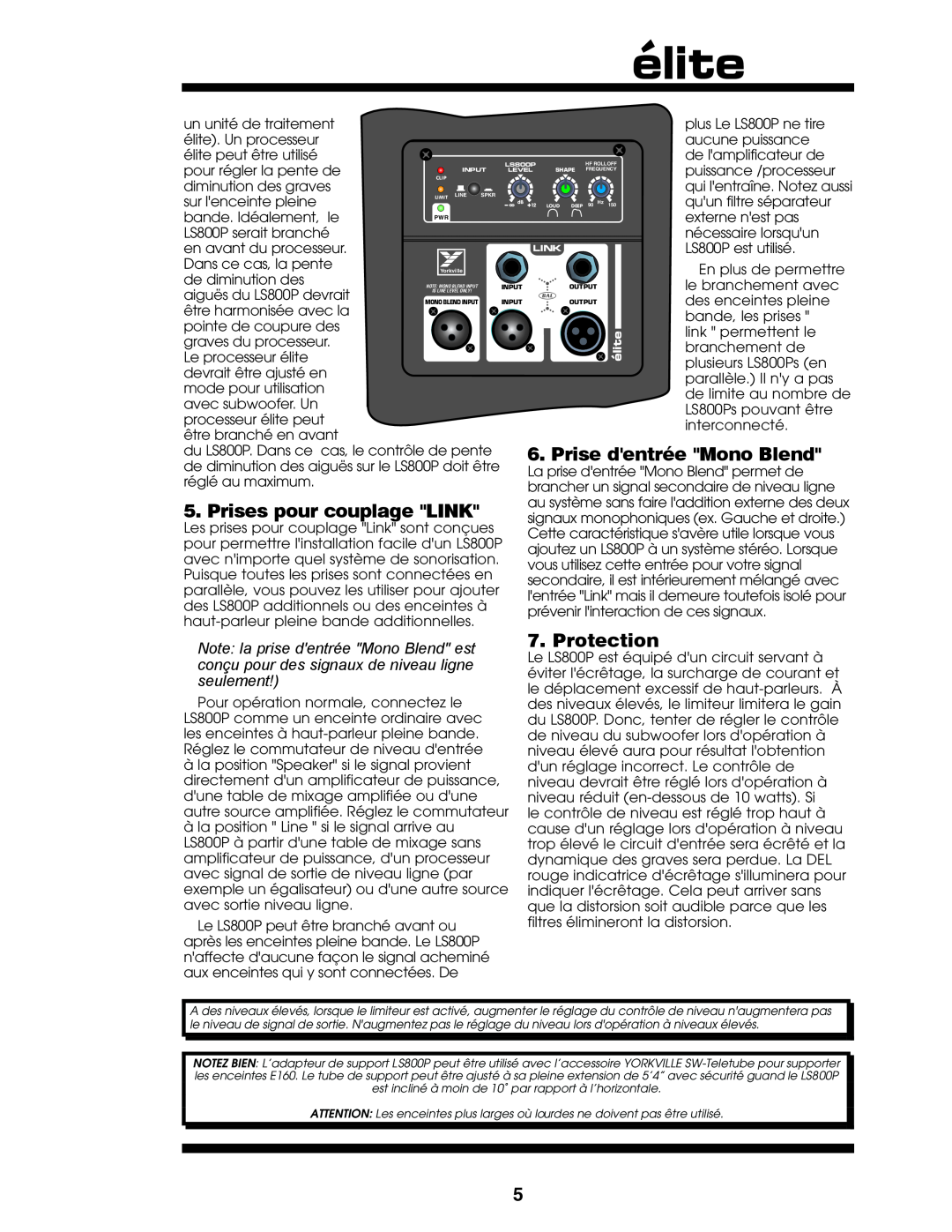Yorkville Sound LS800P owner manual Prise dentrée Mono Blend, Prises pour couplage LINK, Protection, seulement 
