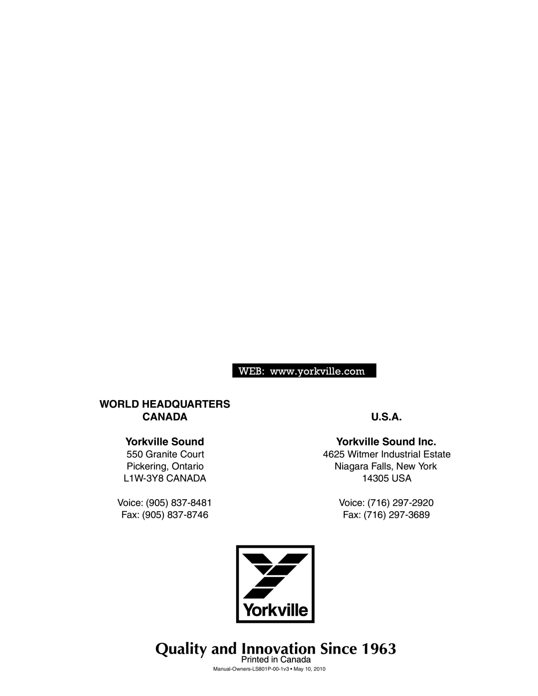 Yorkville Sound LS801P owner manual Canada, Yorkville Sound Yorkville Sound Inc 