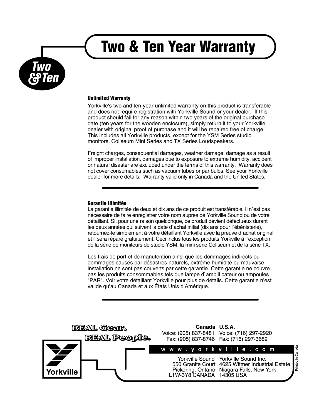 Yorkville Sound LS801P Two & Ten Year Warranty, Two &Ten, REAL Gear, REAL People, Unlimited Warranty, Garantie Illimitée 