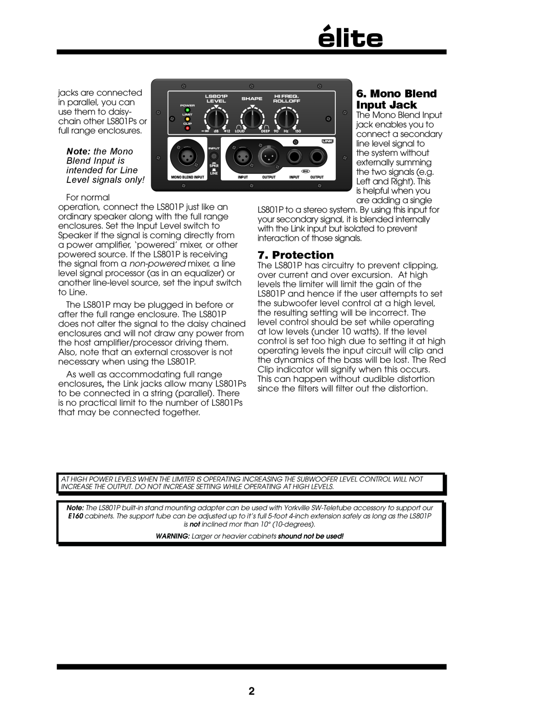 Yorkville Sound LS801P owner manual Mono Blend, Input Jack, Protection, Note the Mono, Blend Input is, intended for Line 
