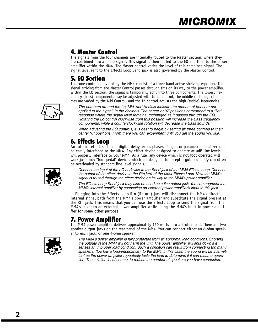 Yorkville Sound MM-4, MM4 4 CHANNEL POWERED MIXER owner manual Master Control, EQ Section, Effects Loop, Power Amplifier 