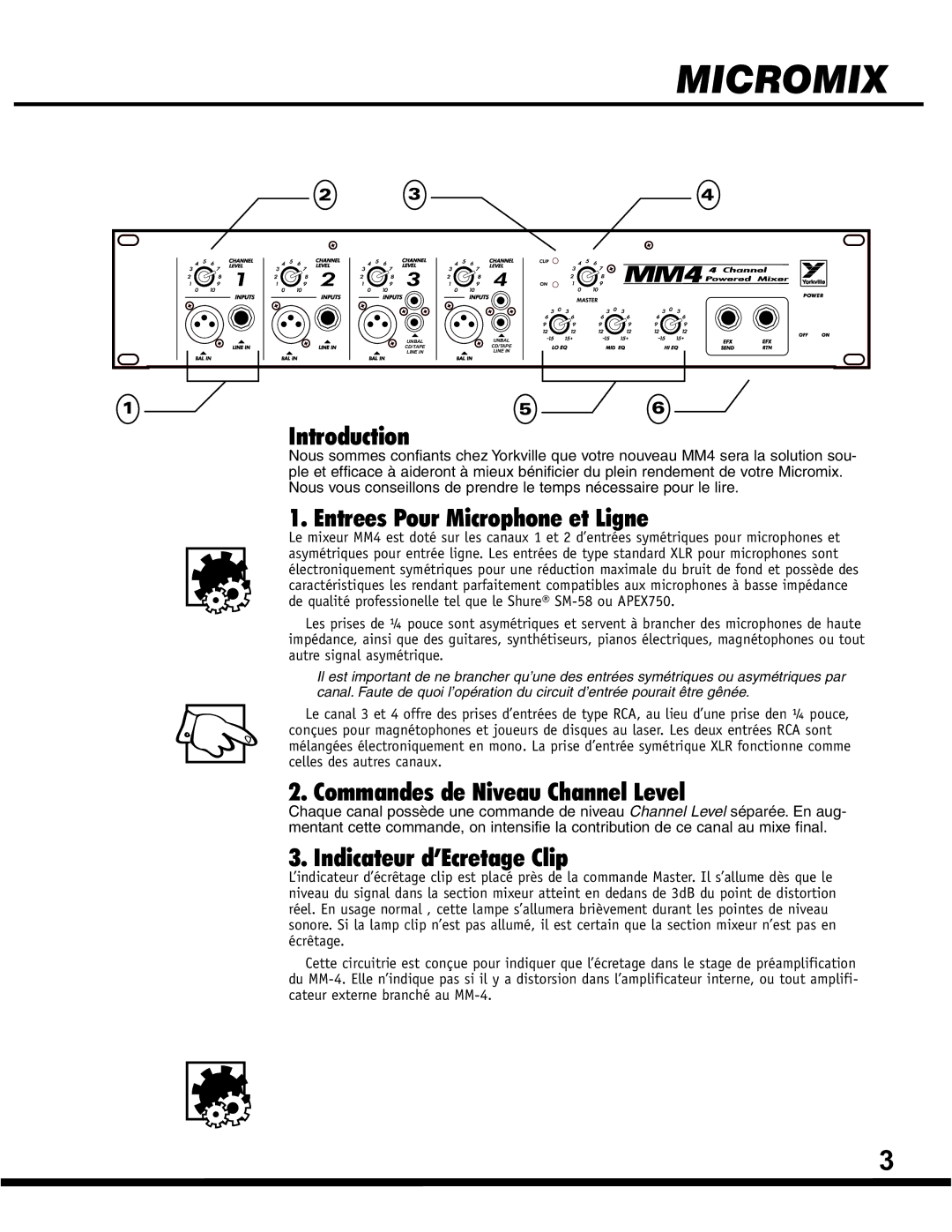 Yorkville Sound MM4 4 CHANNEL POWERED MIXER, MM-4 Entrees Pour Microphone et Ligne, Commandes de Niveau Channel Level 