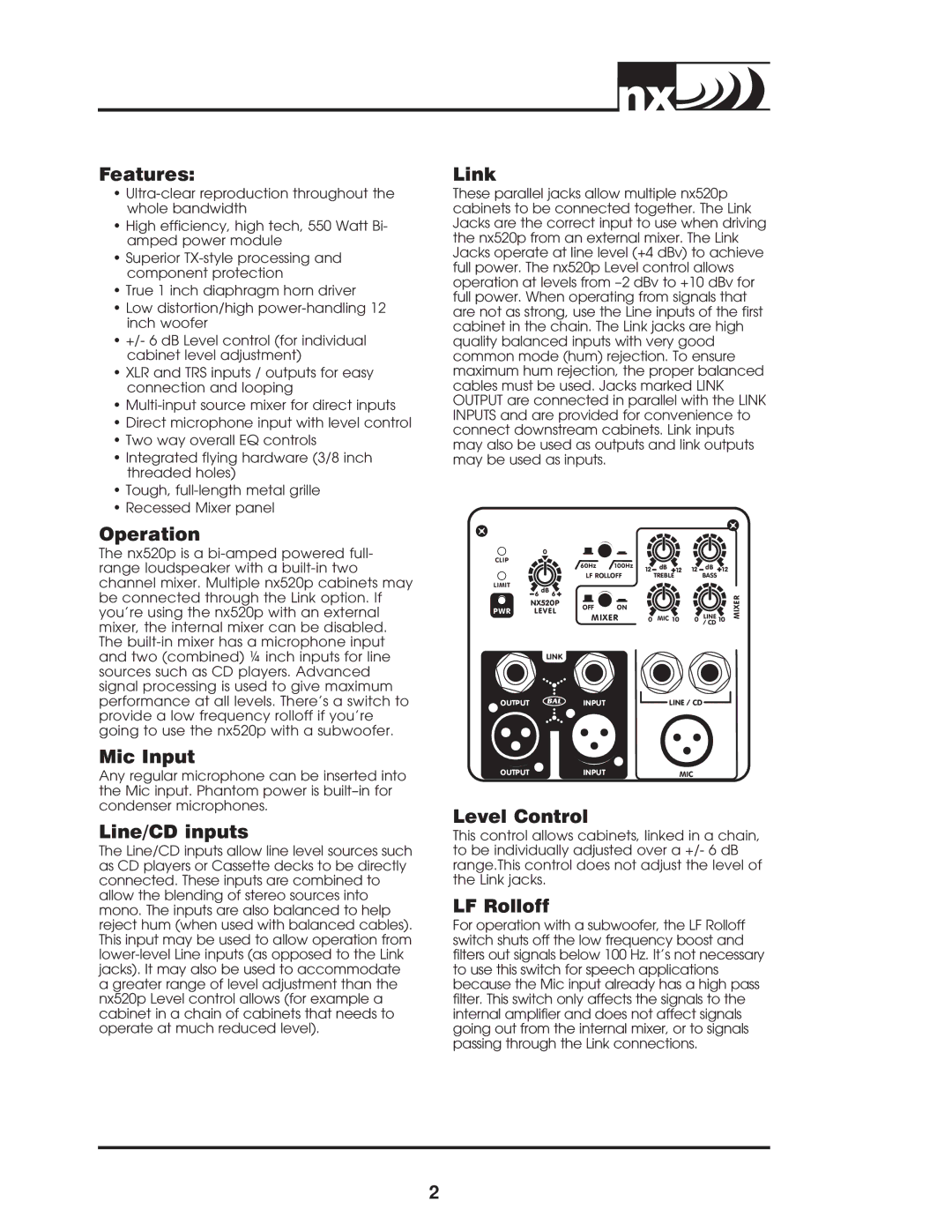 Yorkville Sound nx 520 p owner manual Features, Operation, Mic Input, Line/CD inputs, Link, Level Control, LF Rolloff 