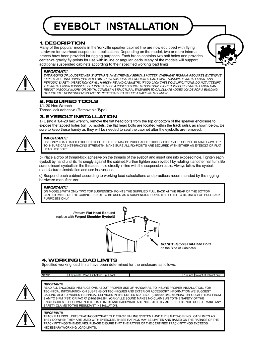 Yorkville Sound nx25P owner manual Eyebolt Installation 