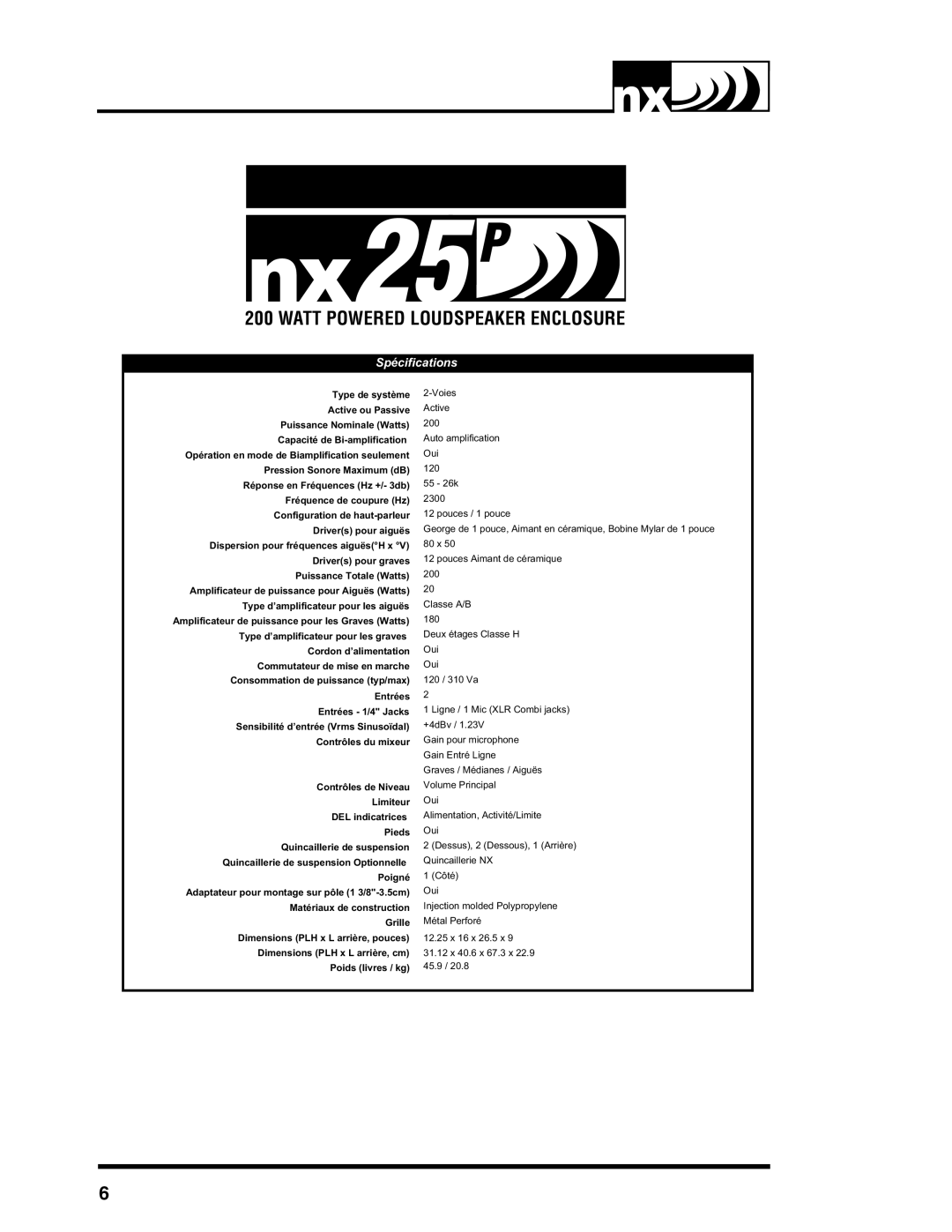 Yorkville Sound nx25P owner manual Spécifications 