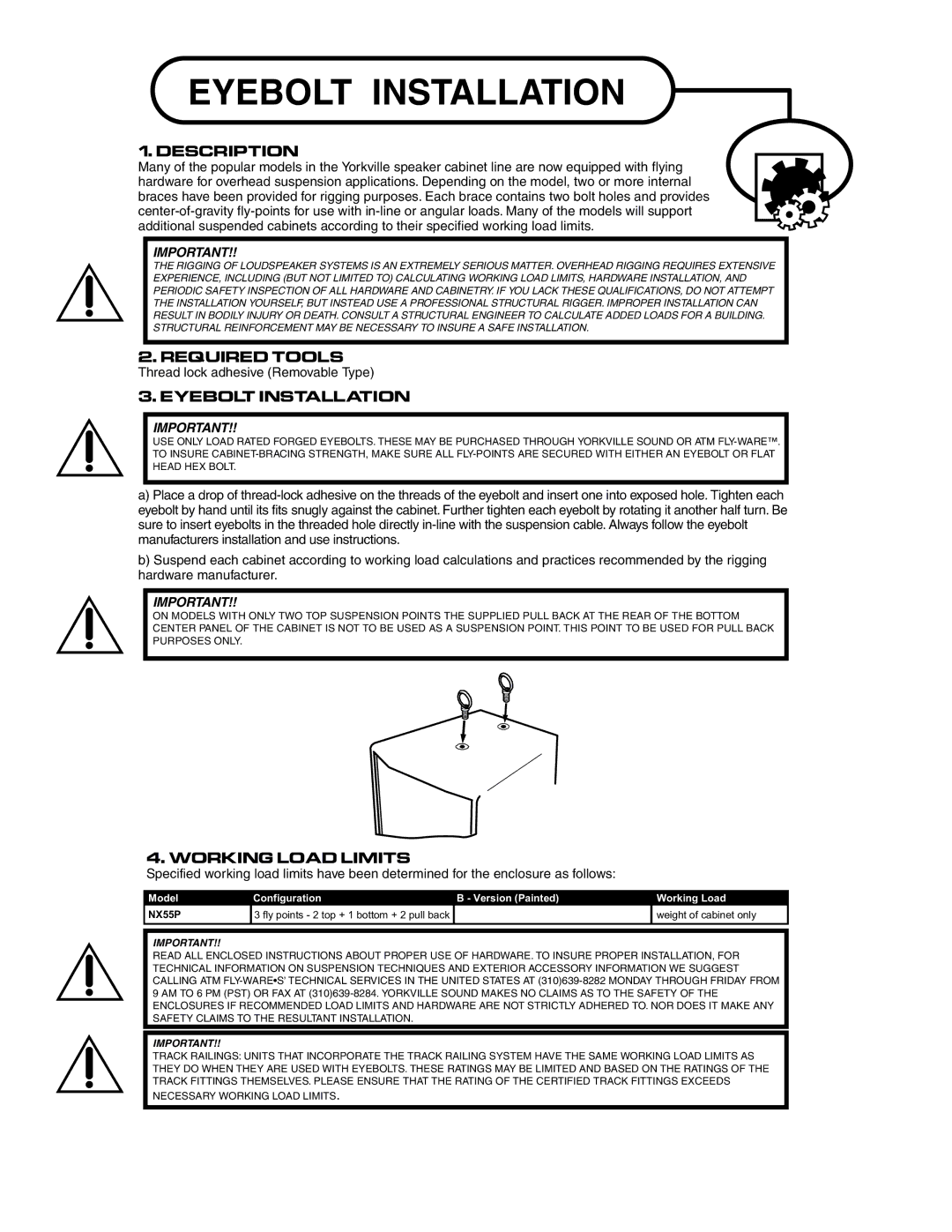 Yorkville Sound nx55p owner manual Eyebolt Installation 