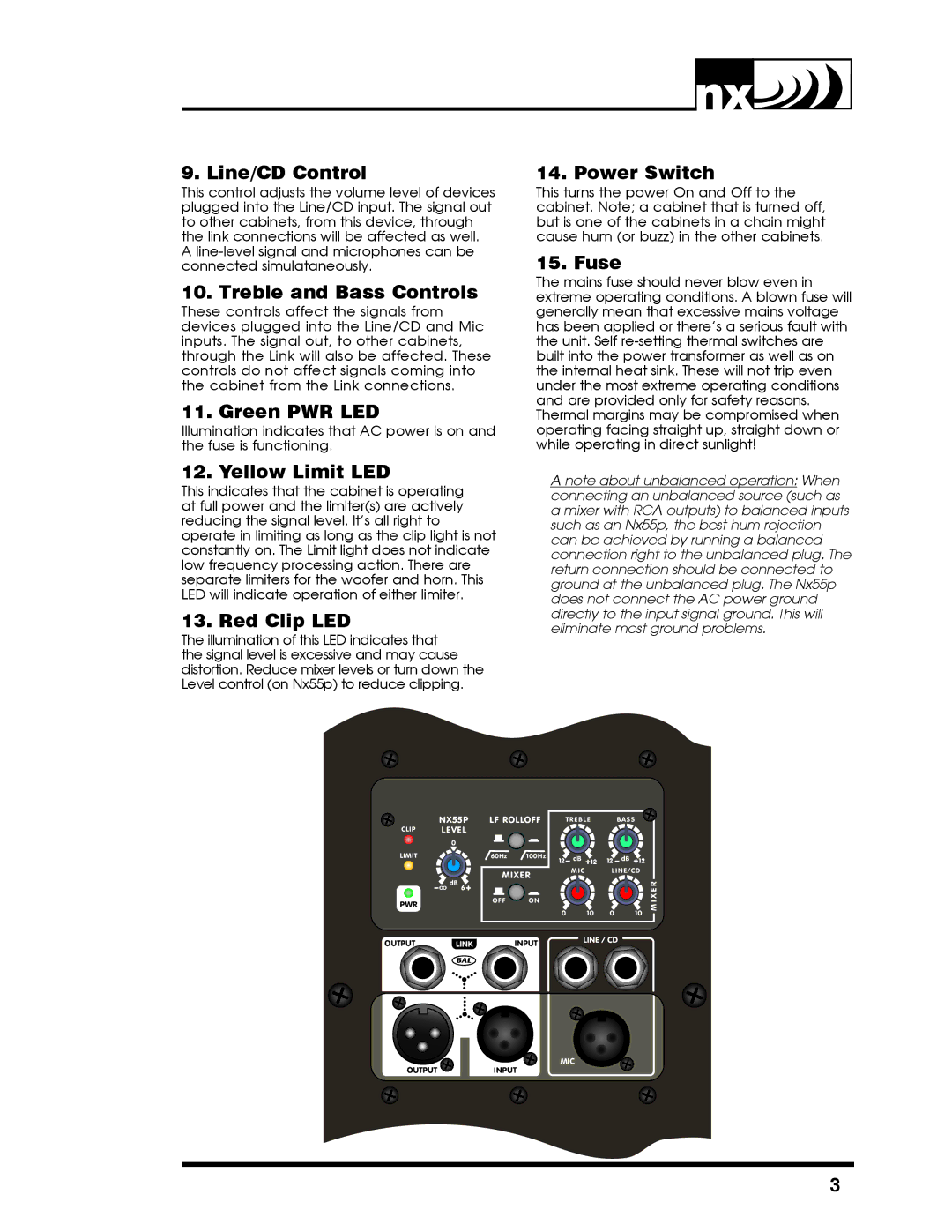 Yorkville Sound nx55p Line/CD Control, Treble and Bass Controls, Green PWR LED, Power Switch, Fuse, Yellow Limit LED 