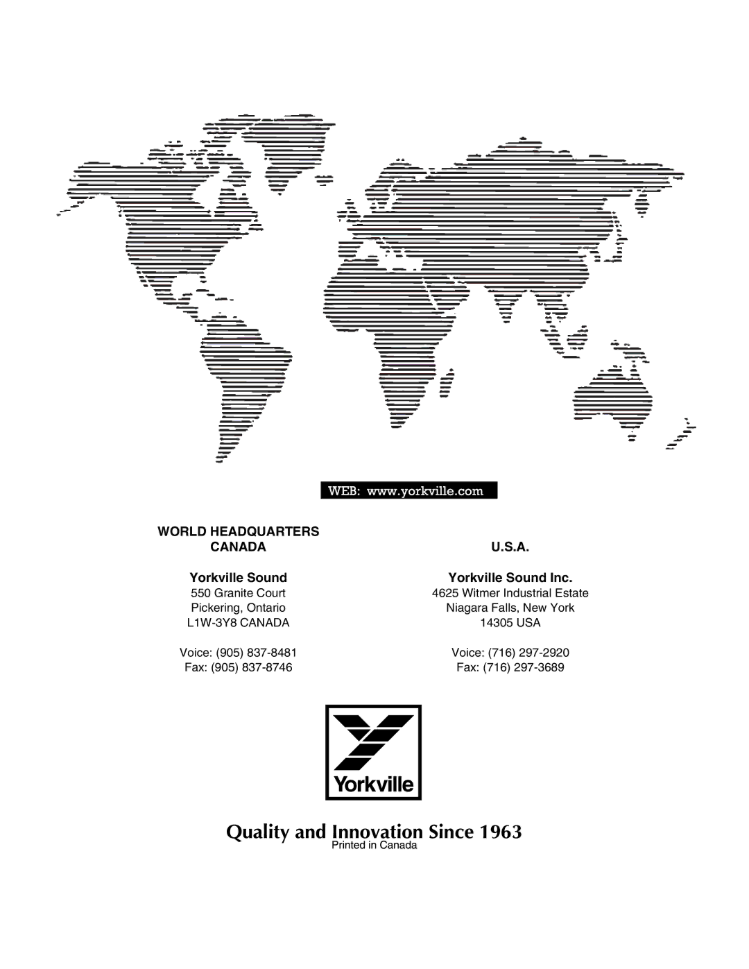 Yorkville Sound PS110P manual World Headquarters Canada 