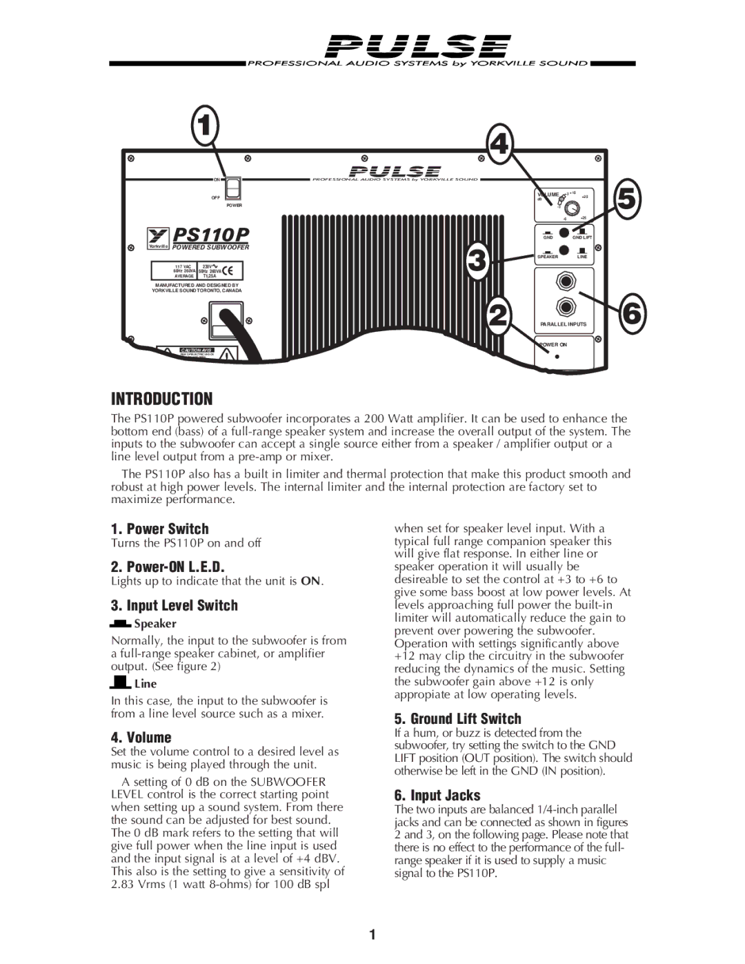 Yorkville Sound PS110P manual Power Switch, Power-ON L.E.D, Input Level Switch, Volume, Ground Lift Switch, Input Jacks 