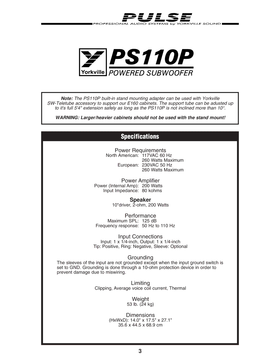 Yorkville Sound PS110P manual Specifications, Speaker 