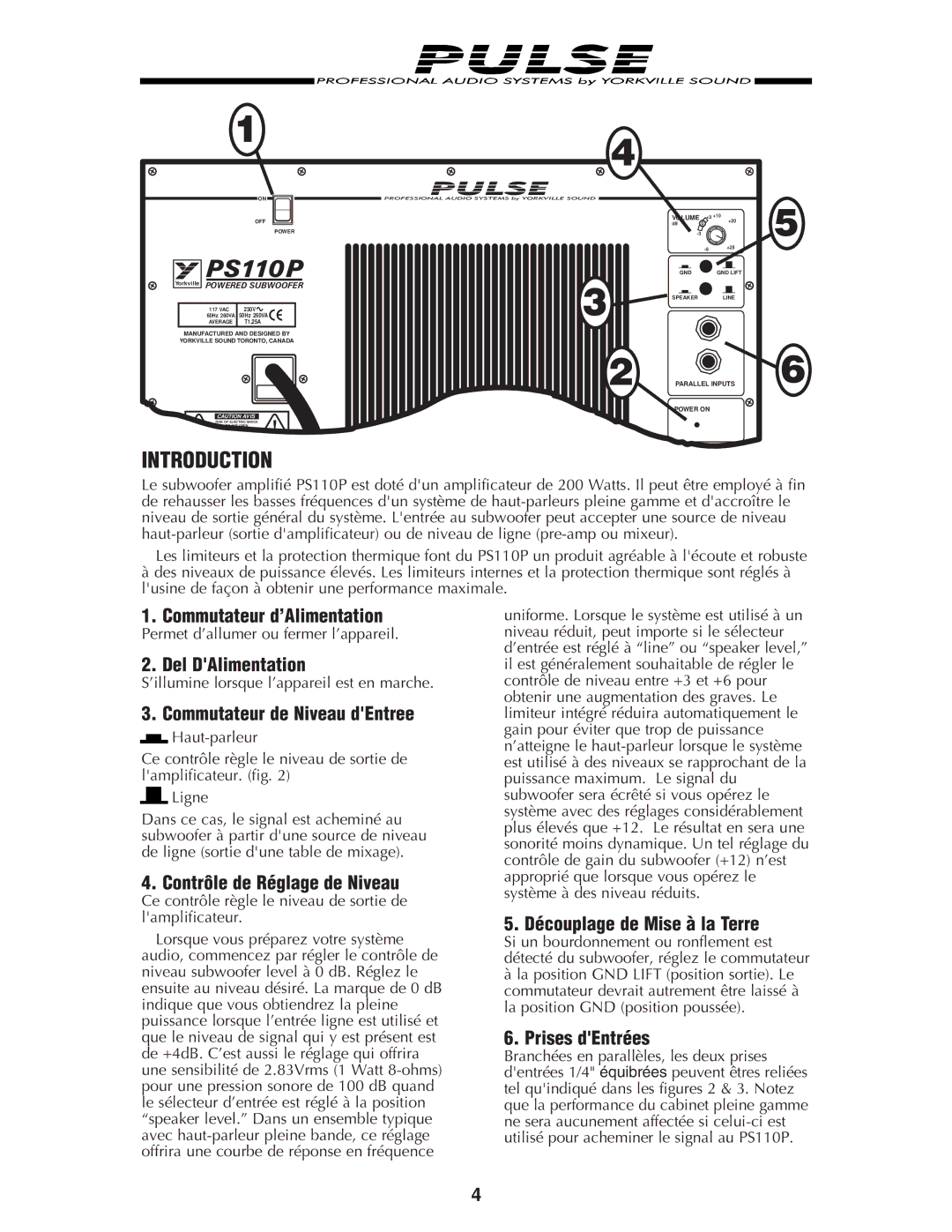 Yorkville Sound PS110P manual Commutateur d’Alimentation, Del DAlimentation, Commutateur de Niveau dEntree, Prises dEntrées 