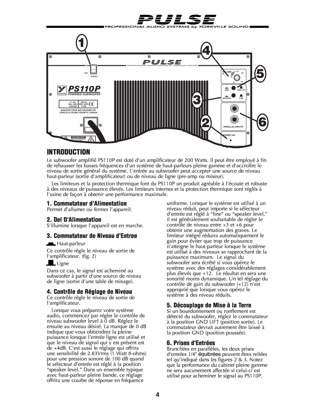 Yorkville Sound PS110P manual Introduction, Commutateur d’Alimentation, Del DAlimentation, Commutateur de Niveau dEntree 