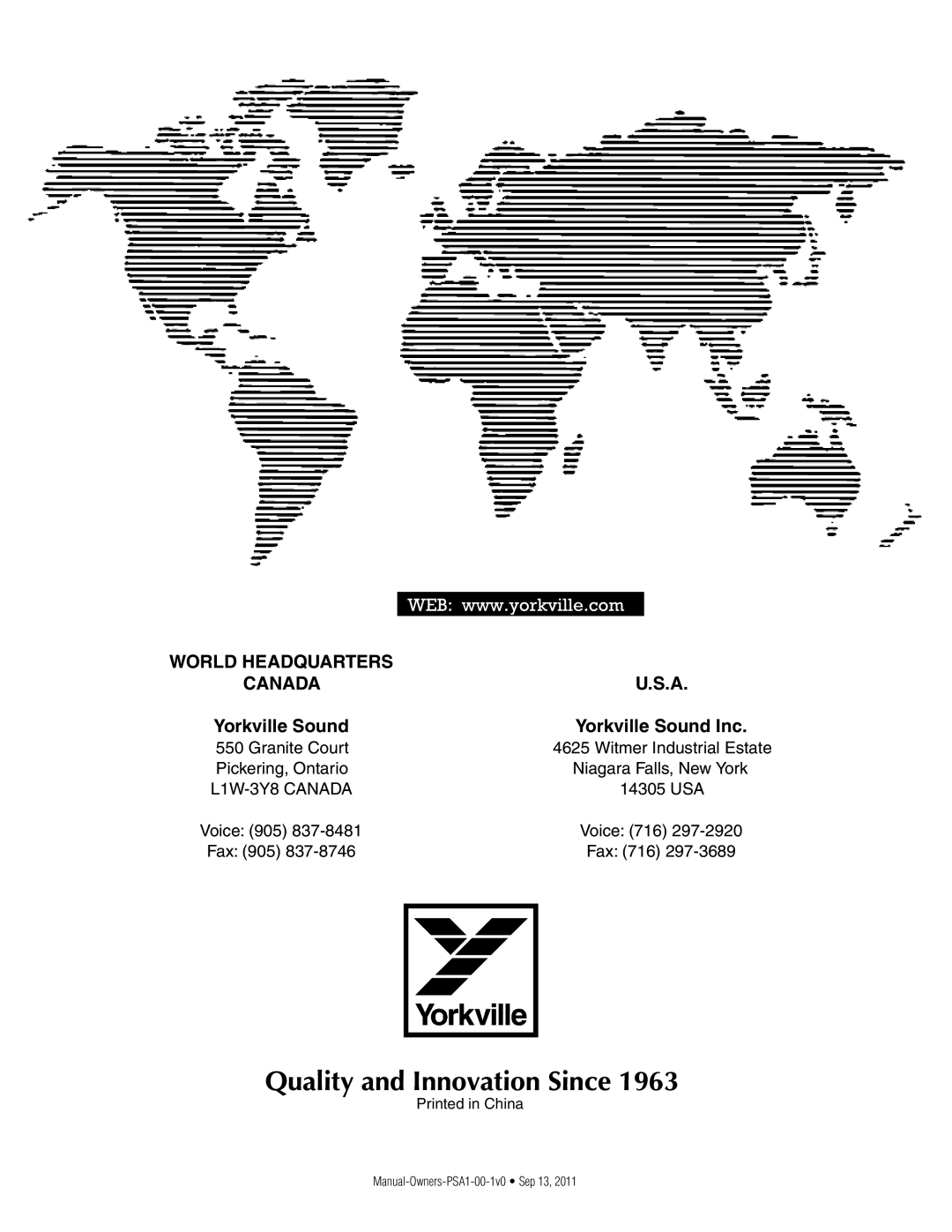 Yorkville Sound PSA1 owner manual World Headquarters Canada 