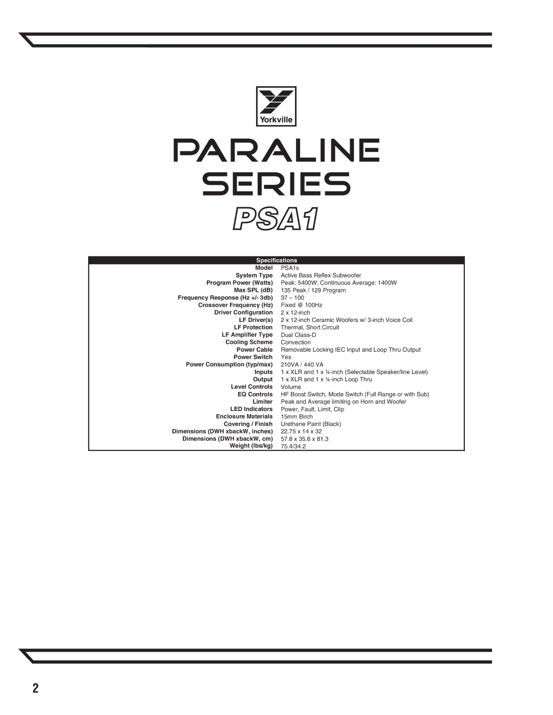 Yorkville Sound PSA1 owner manual Specifications 