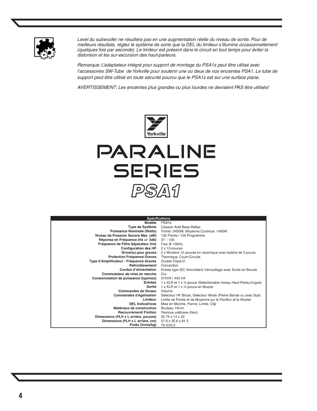 Yorkville Sound PSA1 owner manual Spécifications 