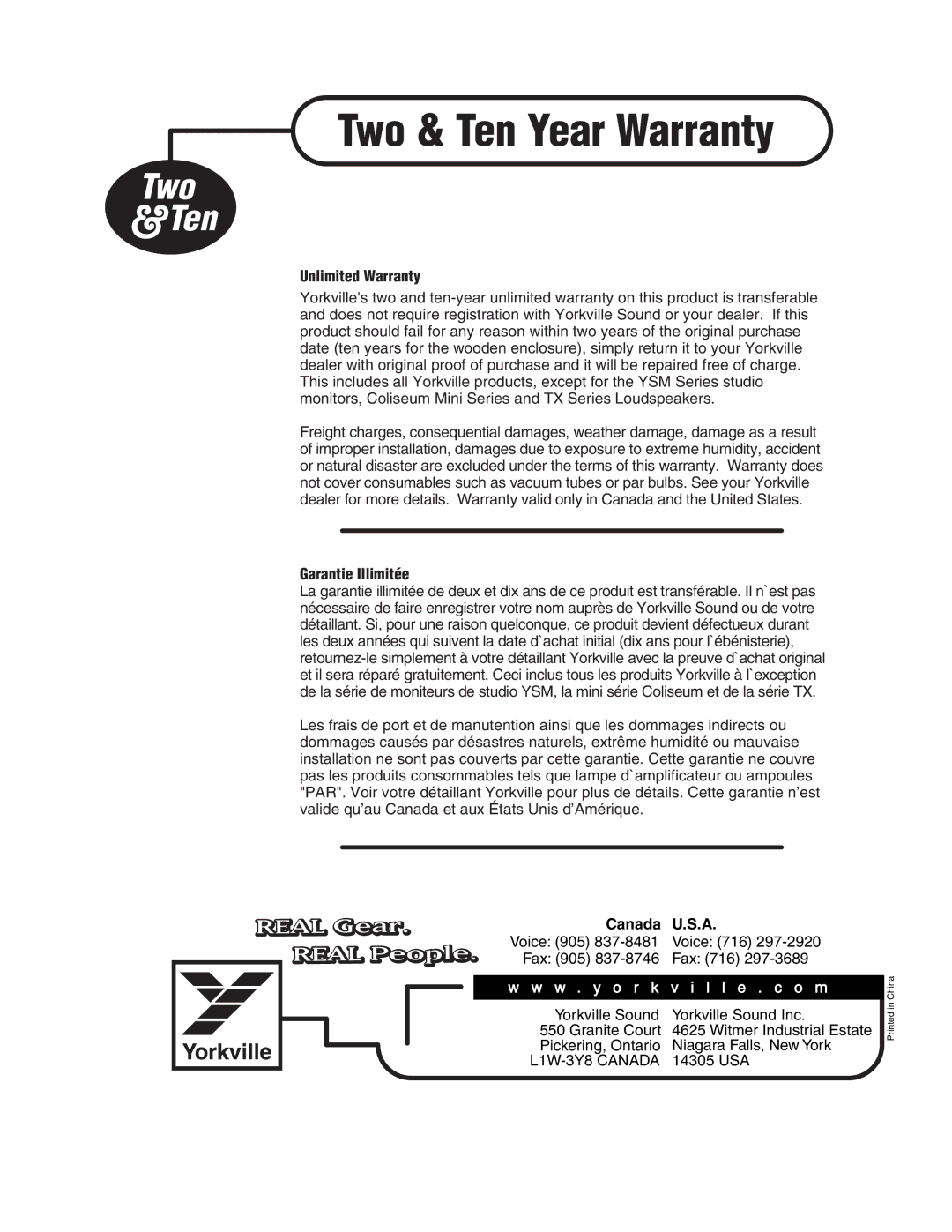 Yorkville Sound PSA1 owner manual Two & Ten Year Warranty 