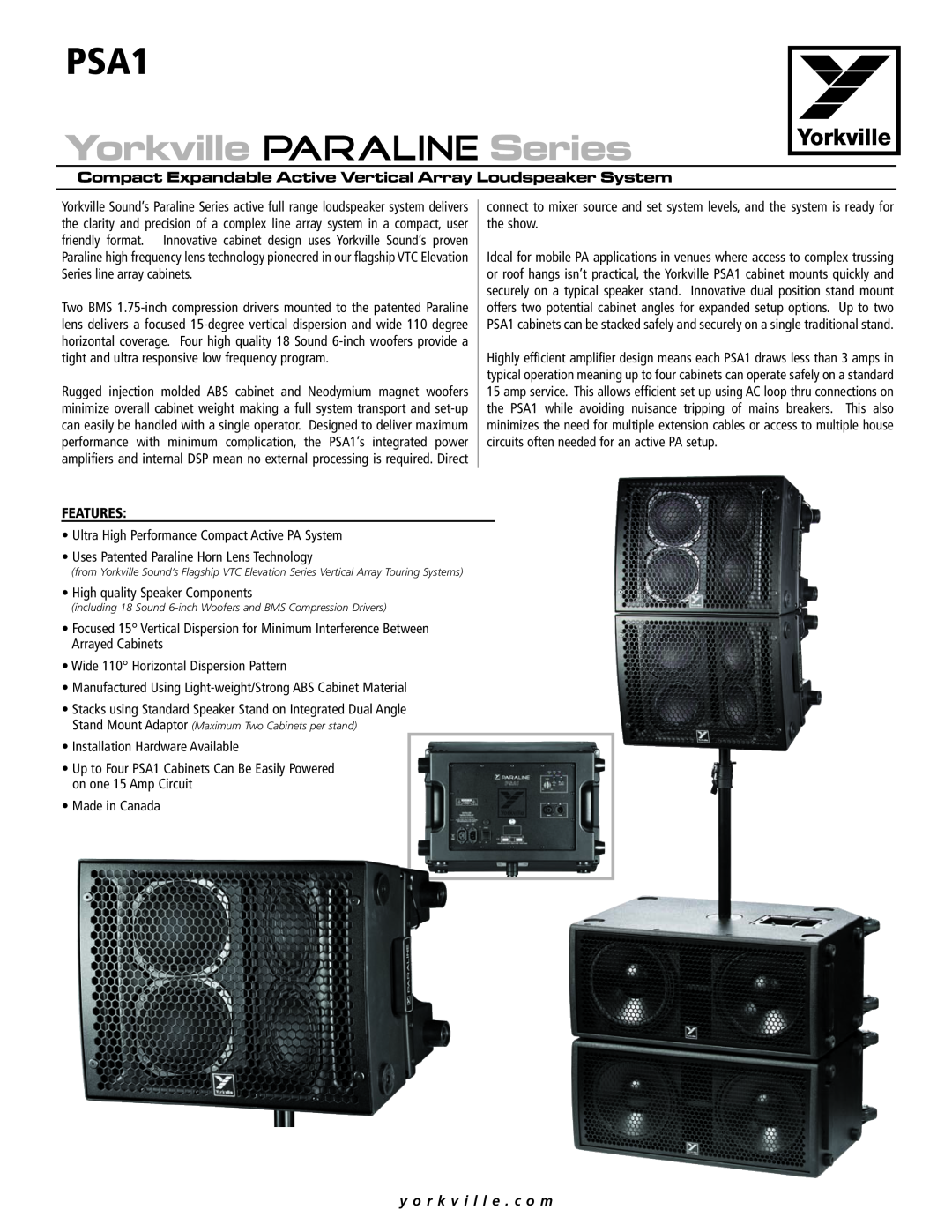 Yorkville Sound PSA1 manual Yorkville Series, Compact Expandable Active Vertical Array Loudspeaker System, Features 