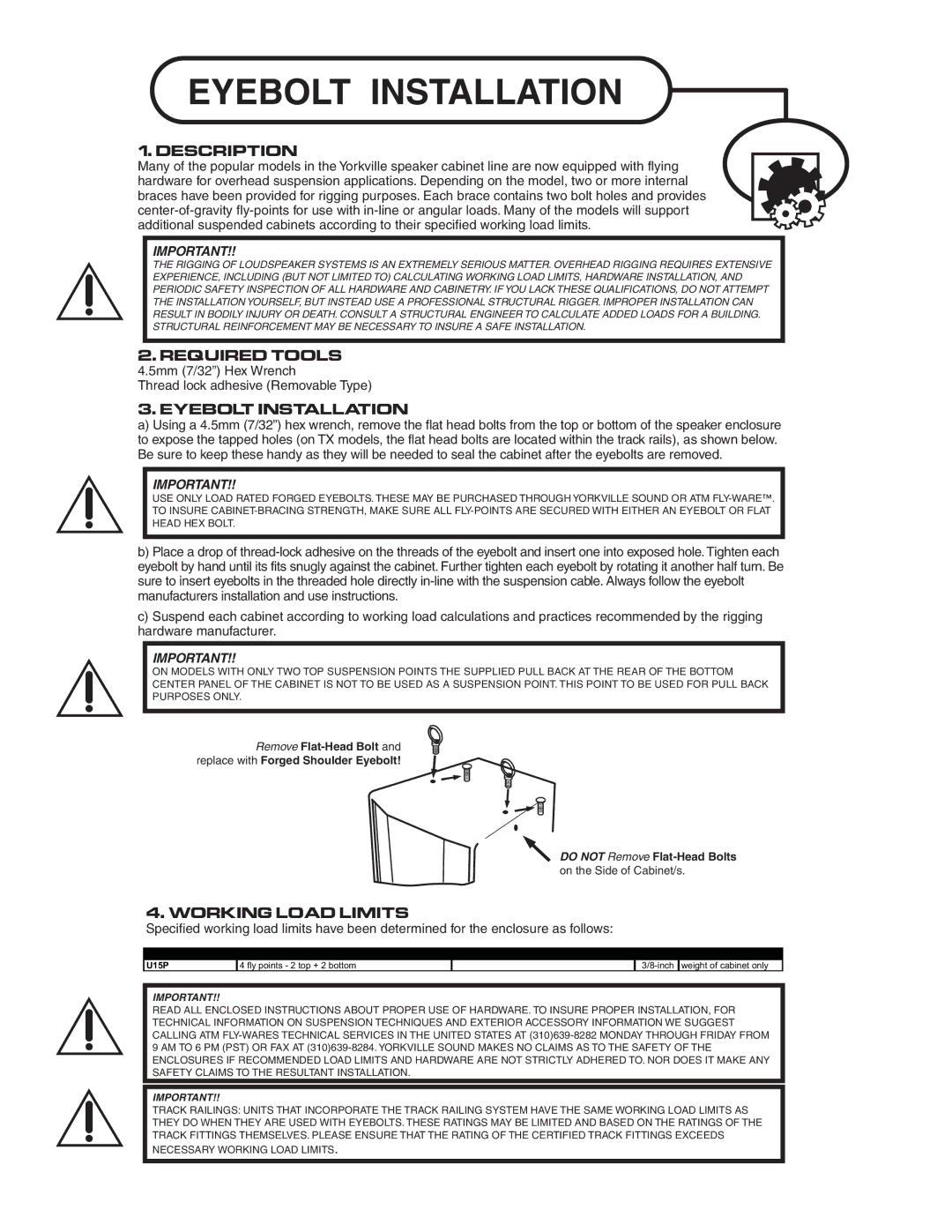 Yorkville Sound U15P owner manual Eyebolt Installation 