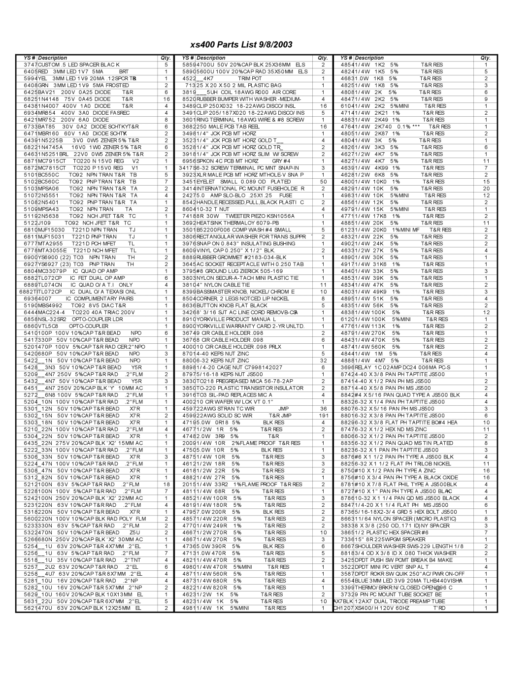 Yorkville Sound XS400 service manual Xs400 Parts List 9/8/2003 