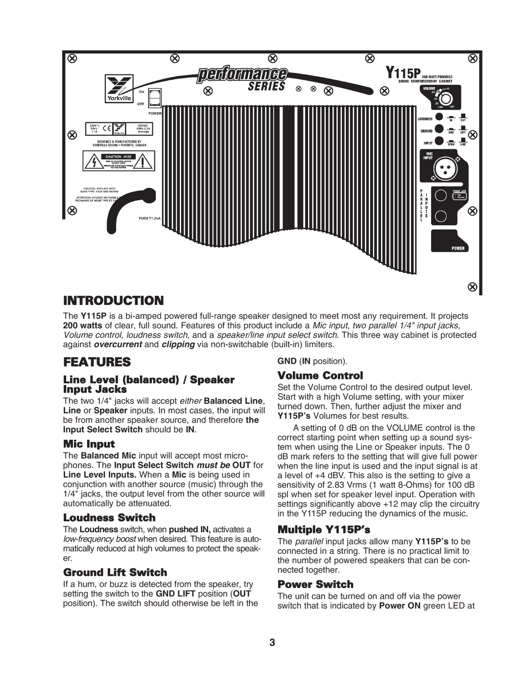 Yorkville Sound Y115P owner manual Introduction, Features 