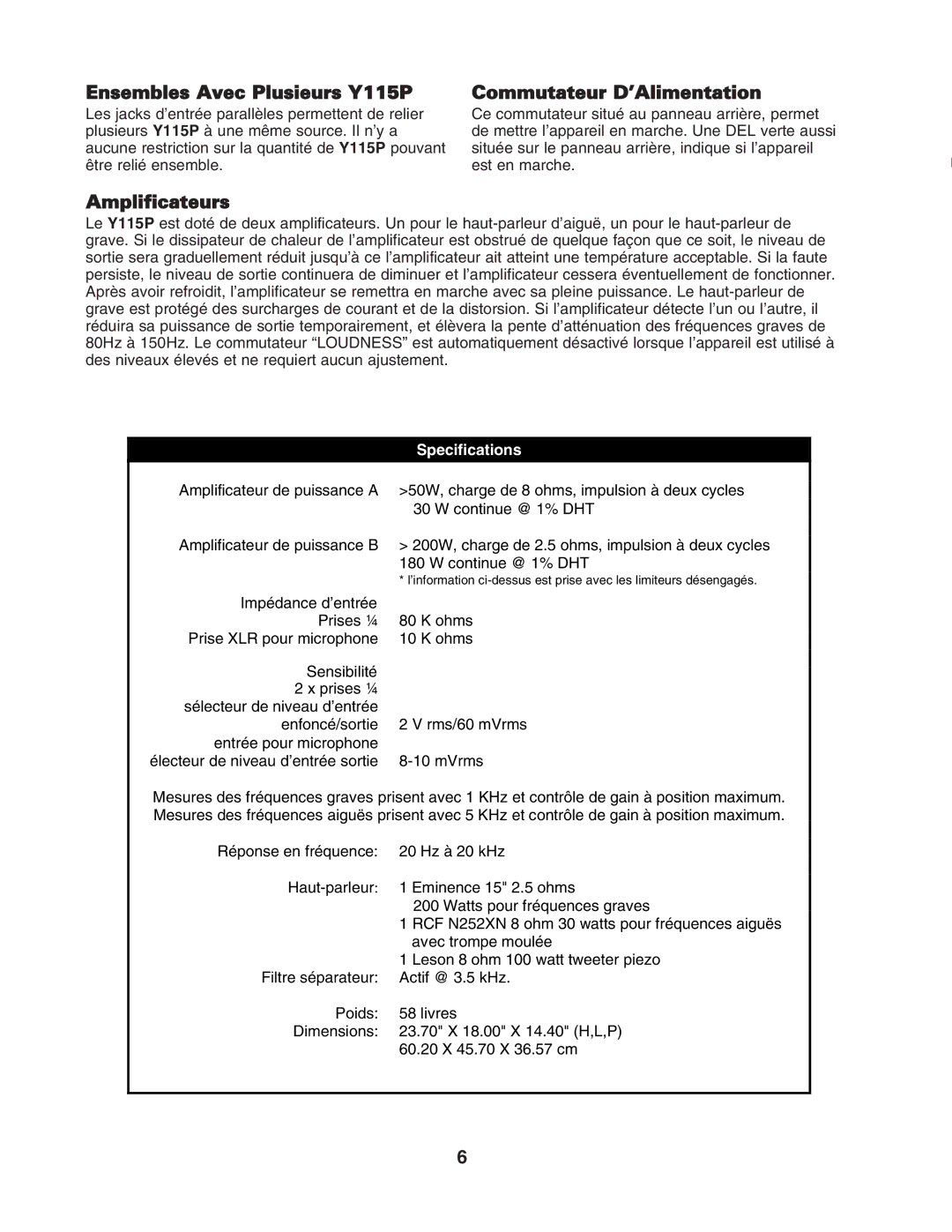 Yorkville Sound owner manual Ensembles Avec Plusieurs Y115P, Commutateur D’Alimentation, Amplificateurs 