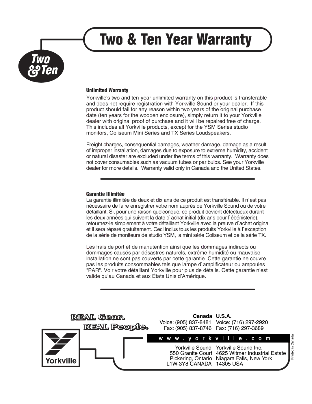 Yorkville Sound YS 1088 manual Two & Ten Year Warranty 