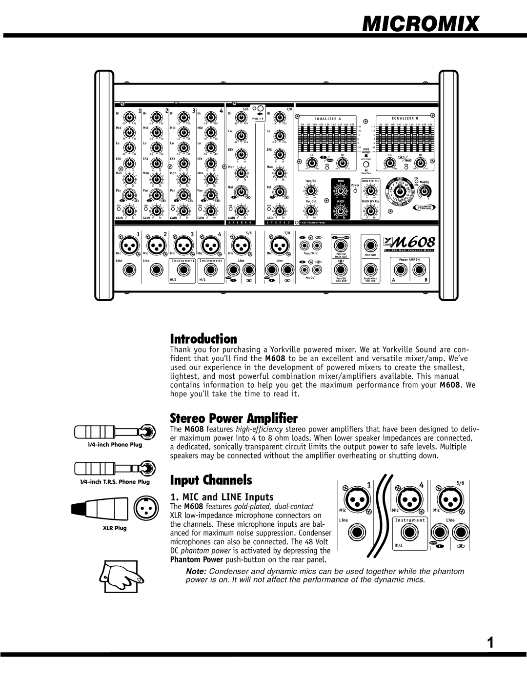 Yorkville Sound YS 1088 manual Introduction, Stereo Power Amplifier, Input Channels, MIC and Line Inputs 