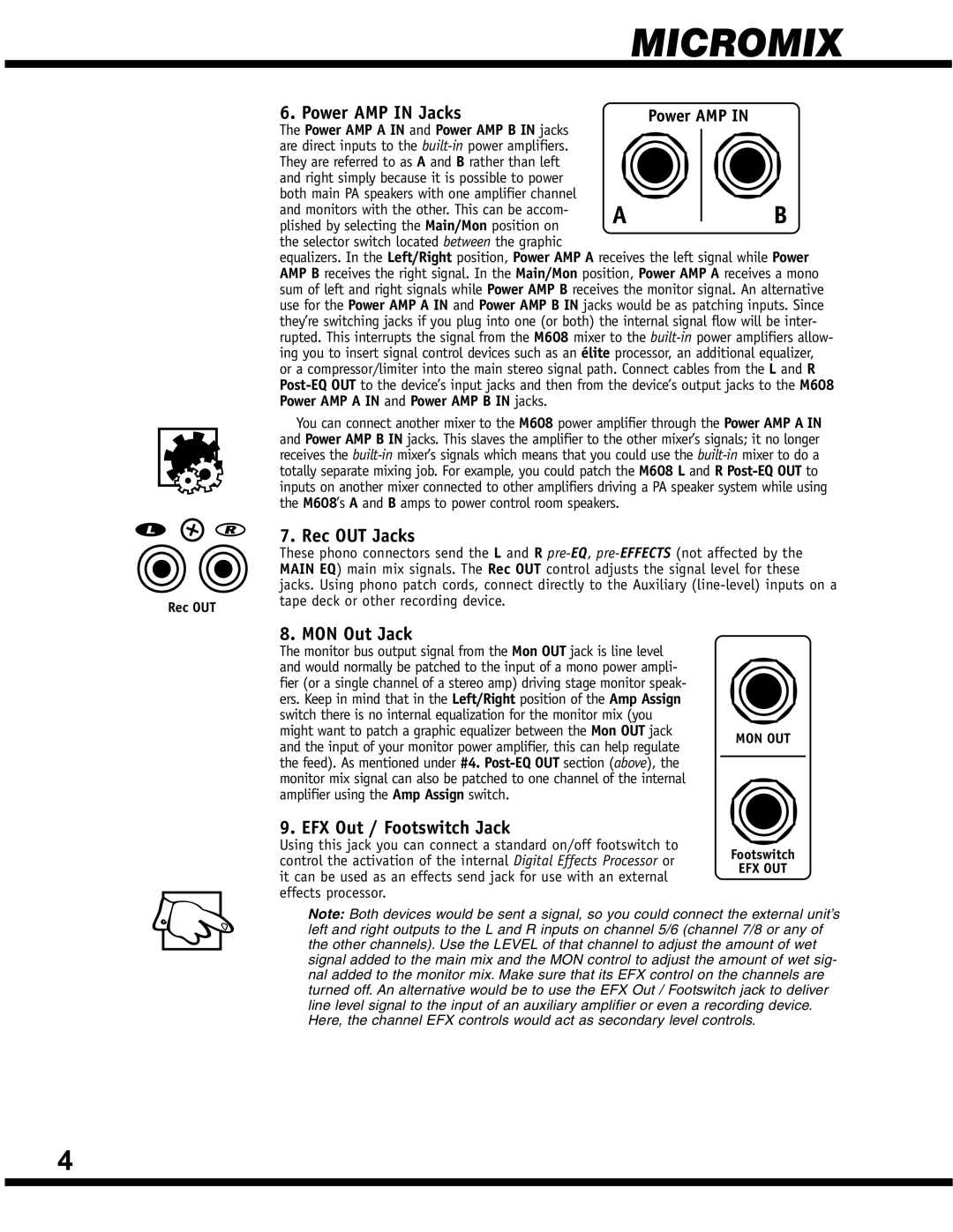 Yorkville Sound YS 1088 manual Power AMP in Jacks, Rec OUT Jacks, MON Out Jack, EFX Out / Footswitch Jack 