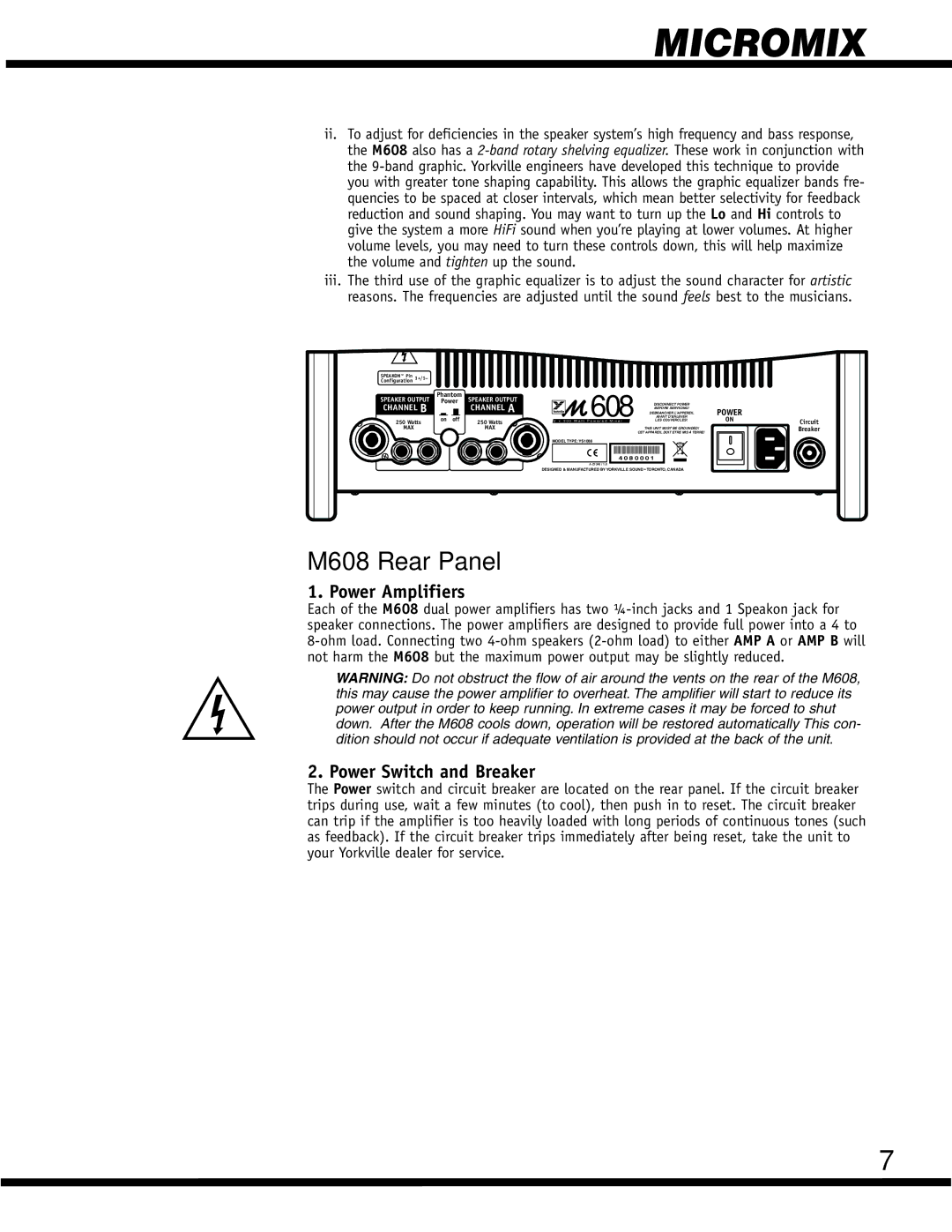 Yorkville Sound YS 1088 manual M608 Rear Panel, Power Amplifiers, Power Switch and Breaker 