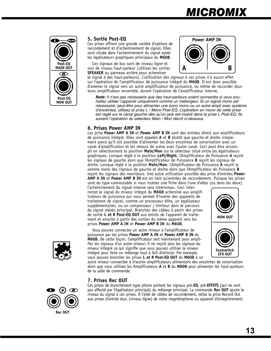 Yorkville Sound YS 1088 manual Sortie Post-EQ, Prises Power AMP IN, Prises Rec OUT, Micromix 