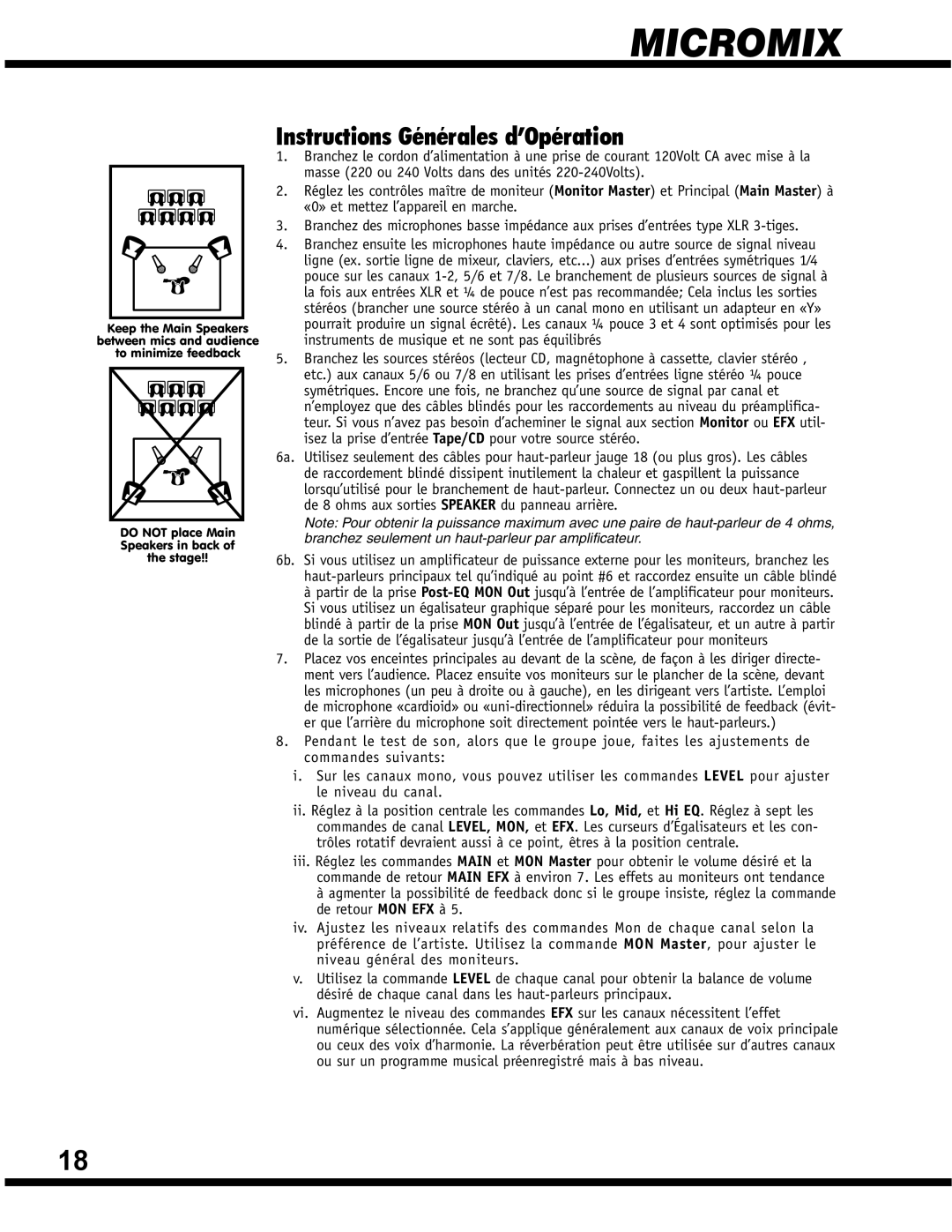 Yorkville Sound YS 1088 manual Instructions Générales d’Opération, Micromix 