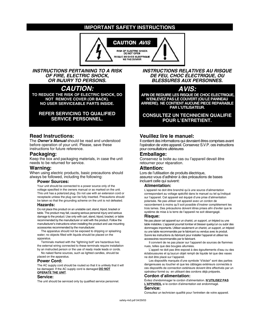 Yorkville Sound YS-115PW, Y118PW owner manual Read Instructions Packaging, Veuillez lire le manuel, Emballage 