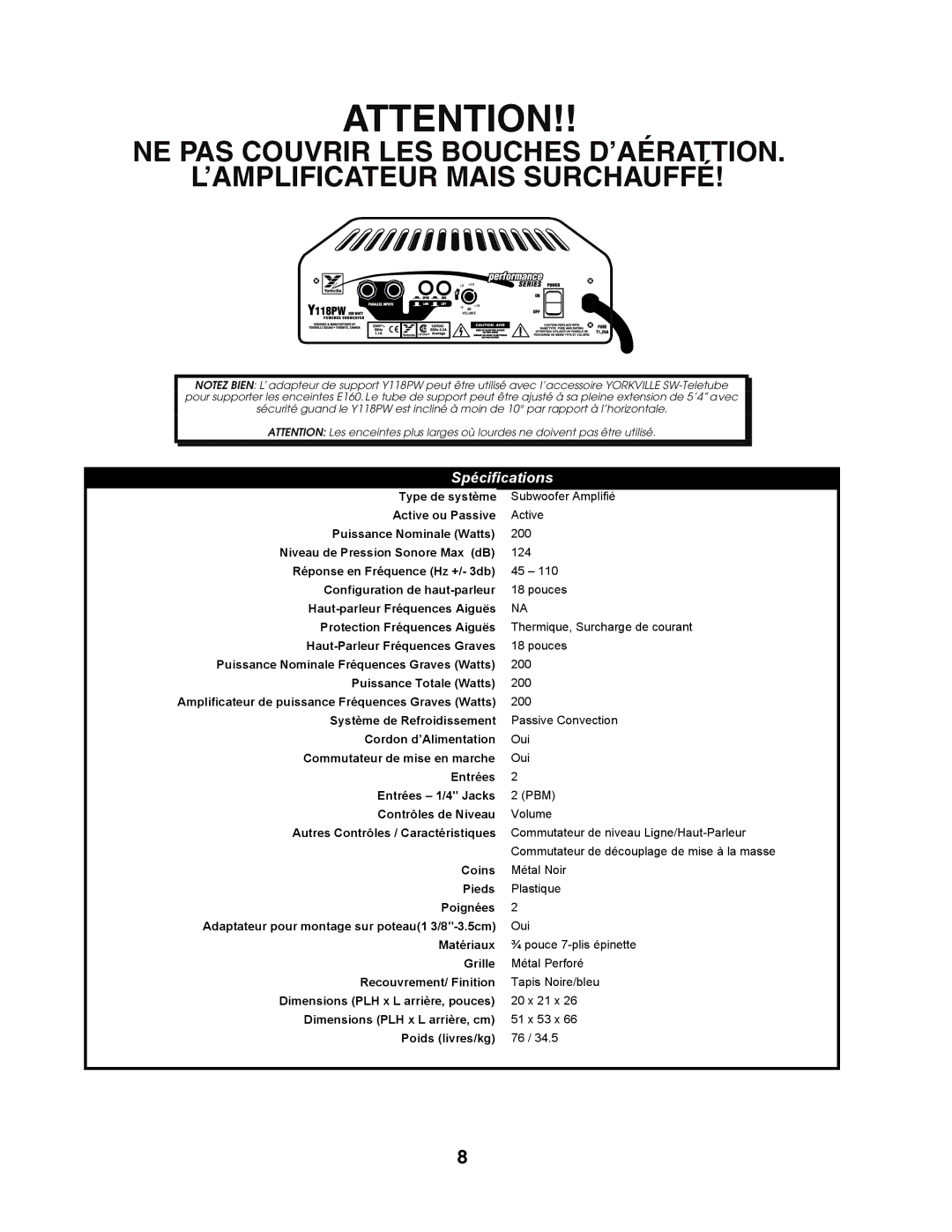 Yorkville Sound YS-115PW, Y118PW owner manual Spécifications 