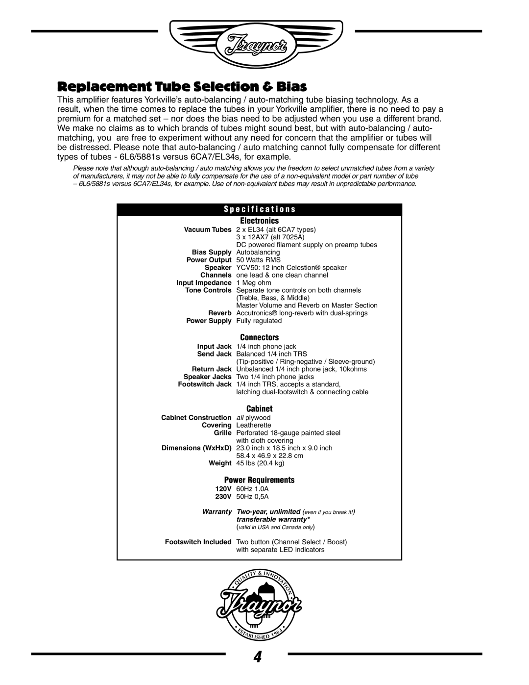 Yorkville Sound YS1003 owner manual Replacement Tube Selection & Bias, Electronics, Connectors, Power Requirements 