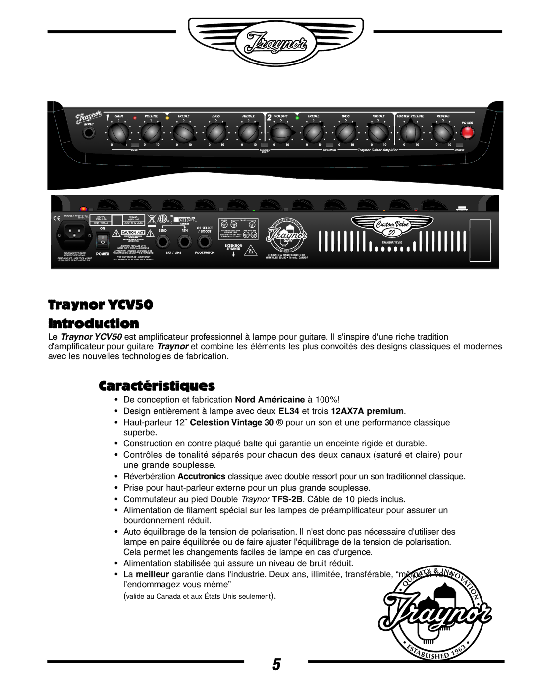 Yorkville Sound YS1003 owner manual Traynor YCV50 Introduction, Caractéristiques 