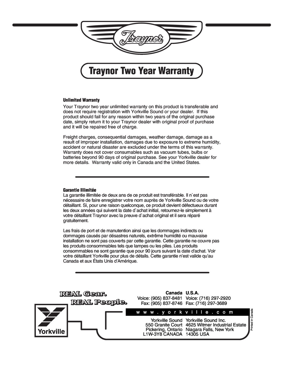 Yorkville Sound YS1003 owner manual Traynor Two Year Warranty, REAL Gear, REAL People, w w w . y o r k v i l l e . c o m 