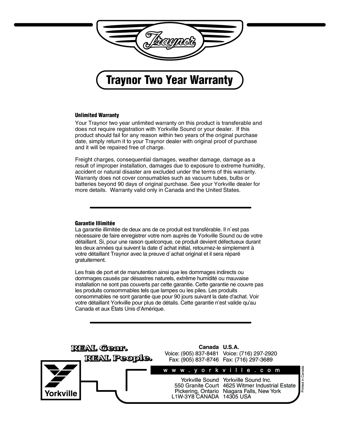 Yorkville Sound YS1006 owner manual Unlimited Warranty, Garantie Illimitée, Canada 