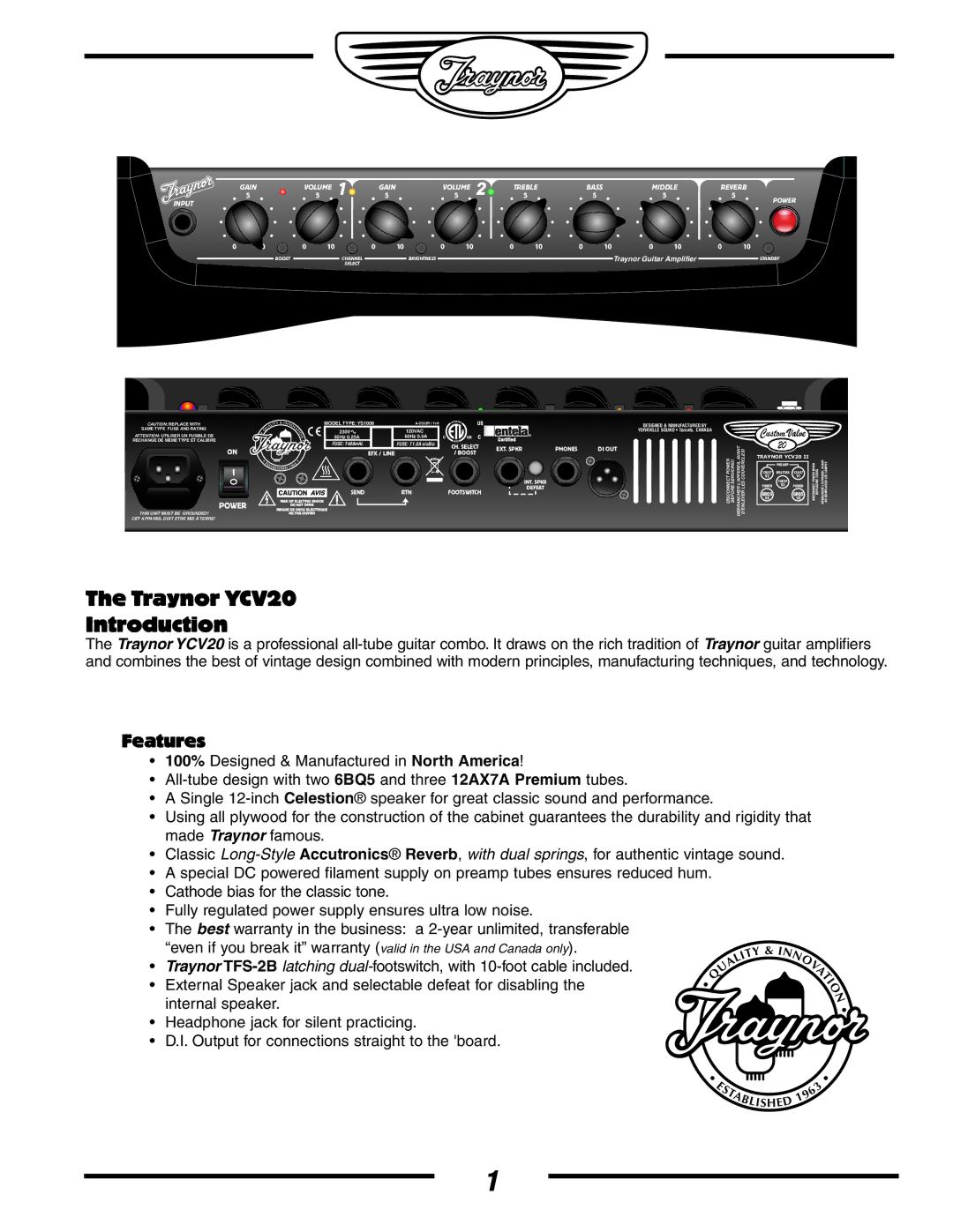 Yorkville Sound YS1006 owner manual Traynor YCV20 Introduction 