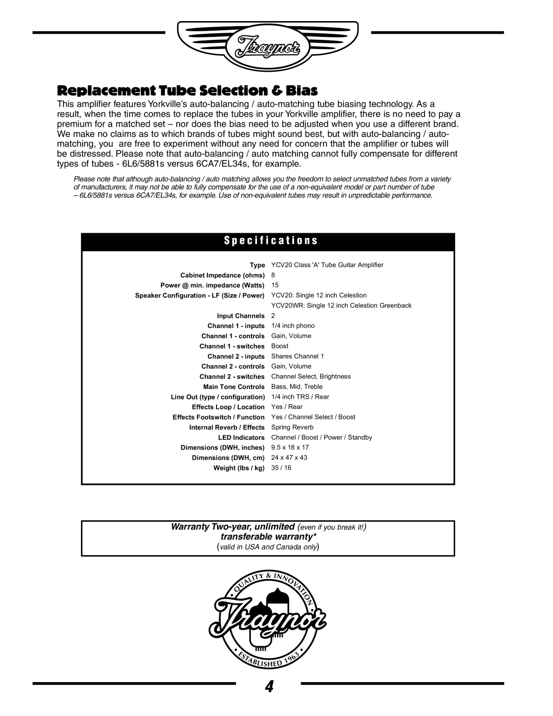 Yorkville Sound YS1006 owner manual Replacement Tube Selection & Bias, Specification s 