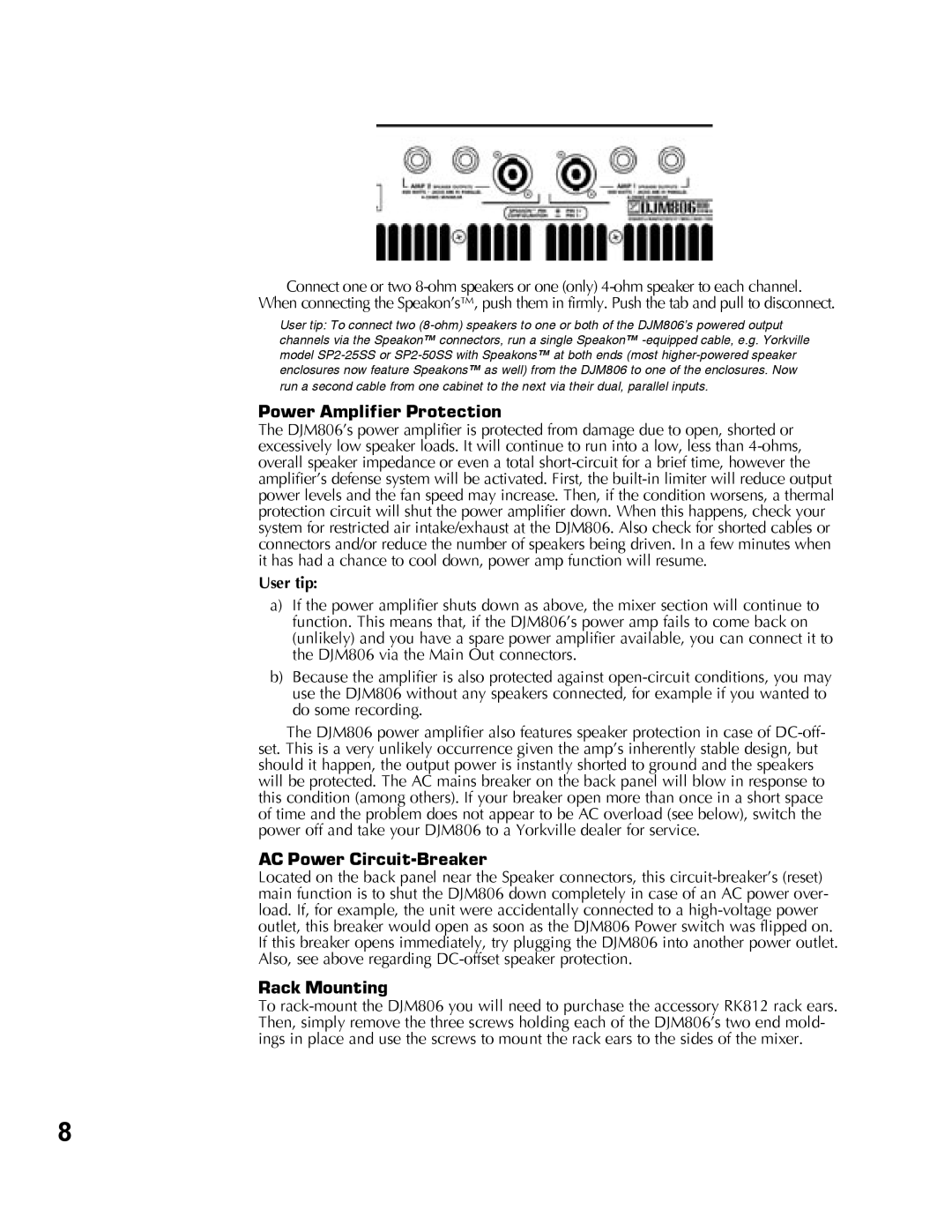 Yorkville Sound YS1010 owner manual Power Amplifier Protection, User tip, AC Power Circuit-Breaker, Rack Mounting 