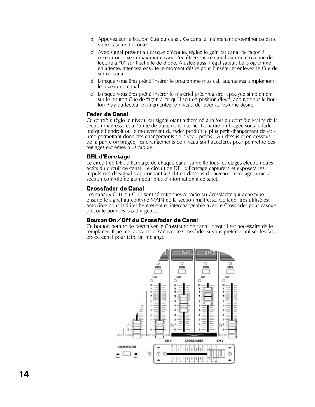 Yorkville Sound YS1010 owner manual DEL d’Ecretage, Bouton On/Off du Crossfader de Canal 