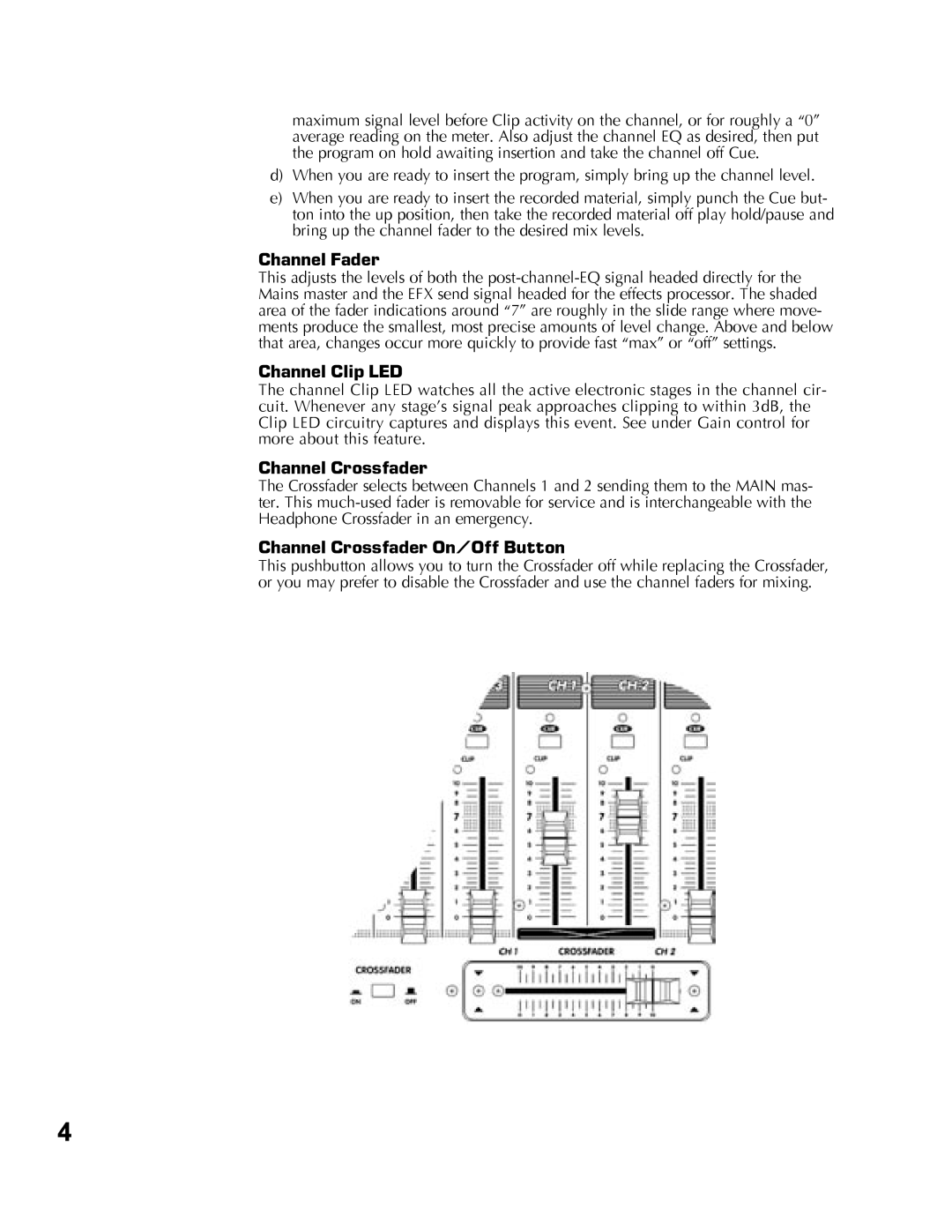 Yorkville Sound YS1010 owner manual Channel Clip LED, Channel Crossfader On/Off Button 