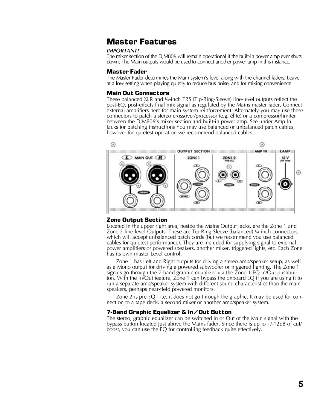 Yorkville Sound YS1010 owner manual Master Features, Master Fader, Main Out Connectors, Zone Output Section 