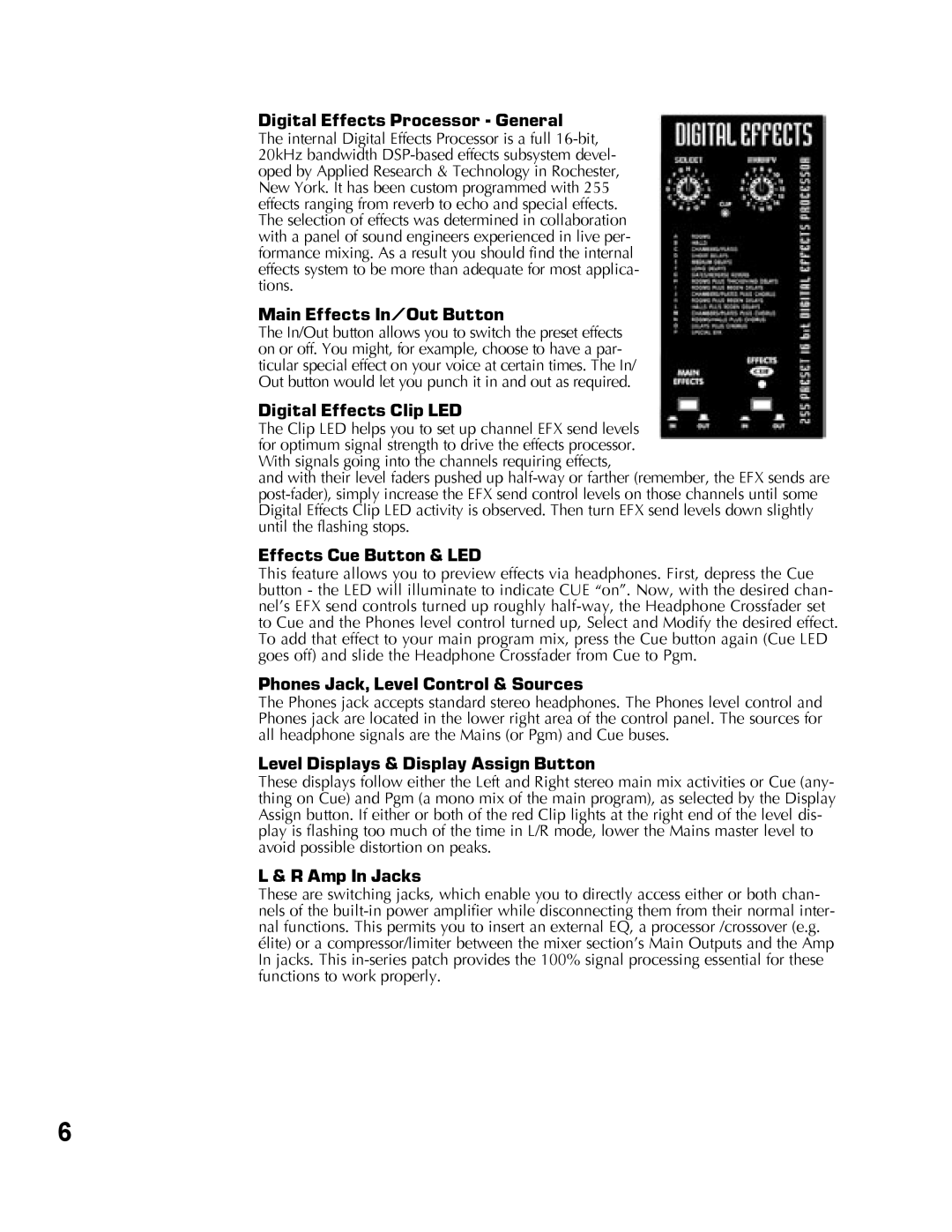 Yorkville Sound YS1010 owner manual Digital Effects Processor General, Main Effects In/Out Button, Digital Effects Clip LED 