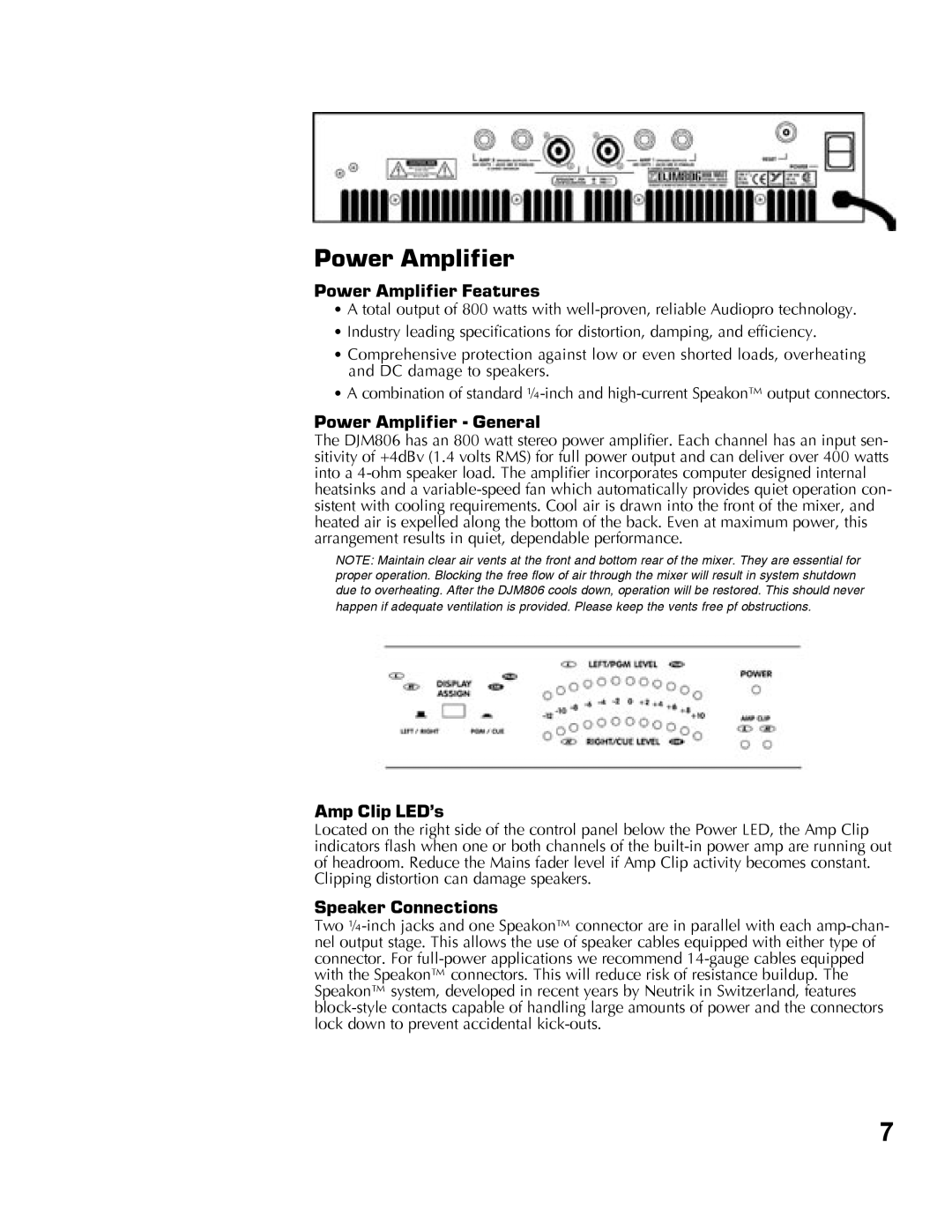 Yorkville Sound YS1010 Power Amplifier Features, Power Amplifier General, Amp Clip LED’s, Speaker Connections 