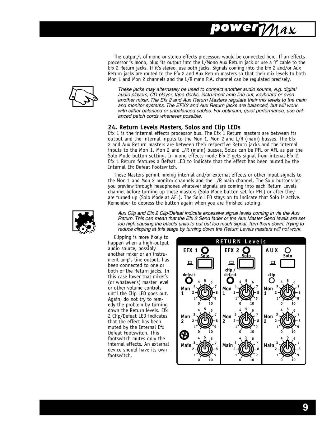 Yorkville Sound YS1011 owner manual Return Levels Masters, Solos and Clip LEDs 