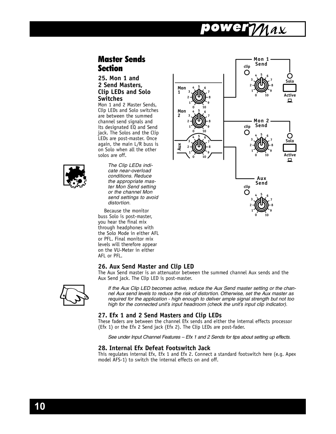 Yorkville Sound YS1011 owner manual Mon 1 Send Masters, Clip LEDs and Solo Switches, Aux Send Master and Clip LED 