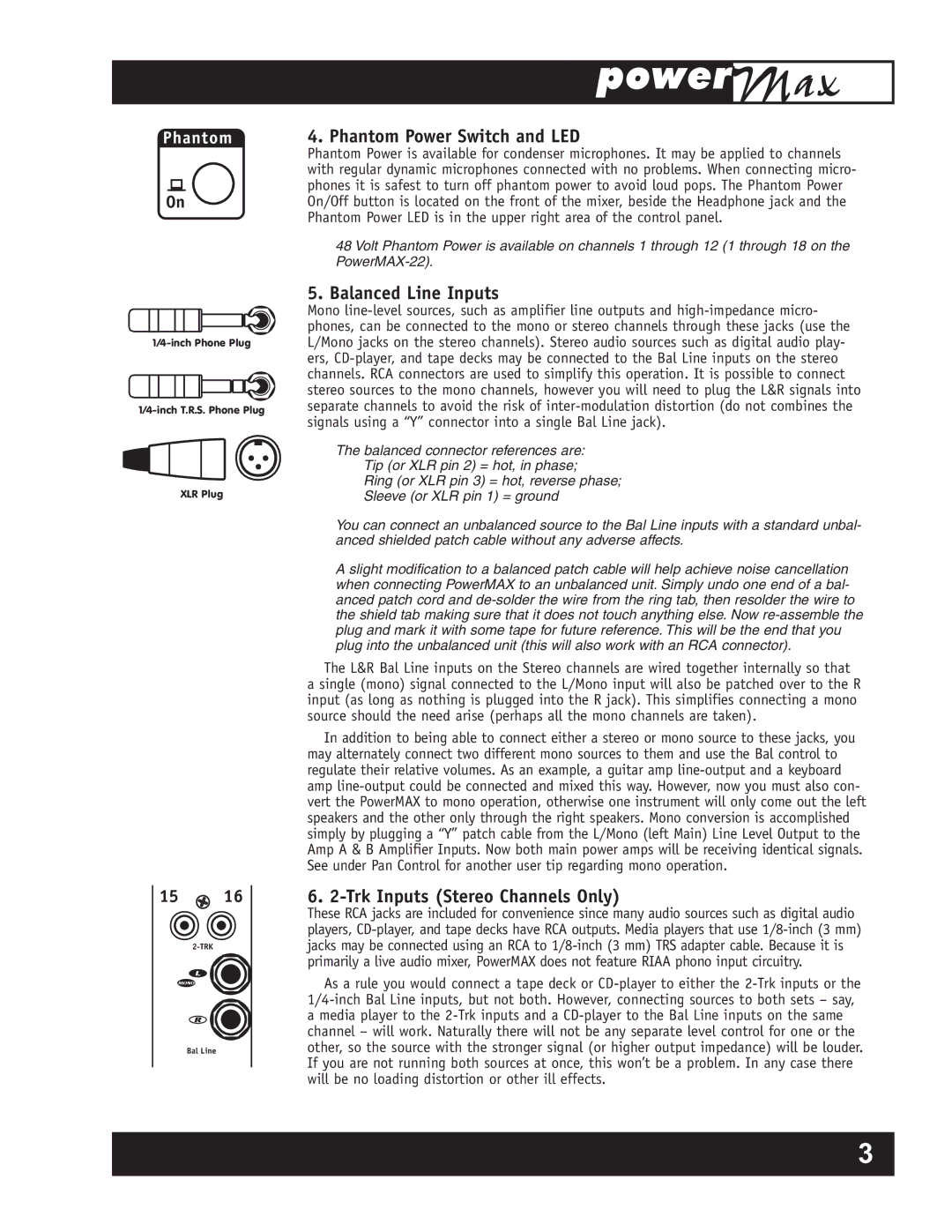 Yorkville Sound YS1011 owner manual Phantom Power Switch and LED, Balanced Line Inputs, Trk Inputs Stereo Channels Only 